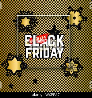 Black friday banner. White square frame on gold black transparent background. Red blots and Black snowflakes Stock Vector