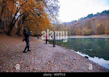 Three people use their camera to take pictures by a lake at Yedigoller, Bolu. Photo taken on 10th November 2018 Yedigoller, Bolu, Turkey Stock Photo
