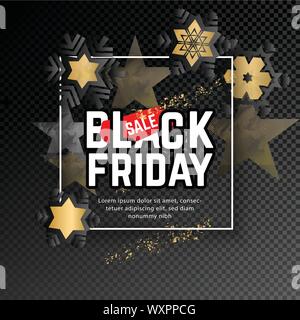 Black friday banner. White square frame on black transparent background. Red blots and Black snowflakes Stock Vector