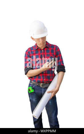Engineer using cell phone with hand holding rolled blueprints and wear white safety helmet plastic on white background. construction concept Stock Photo