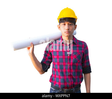 safety helmet with rolled blueprints and construction plans Stock Photo ...