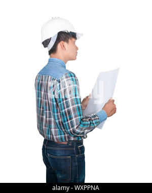 Engineer holding rolled blueprints inspect construction and wear white safety helmet plastic on white background Stock Photo