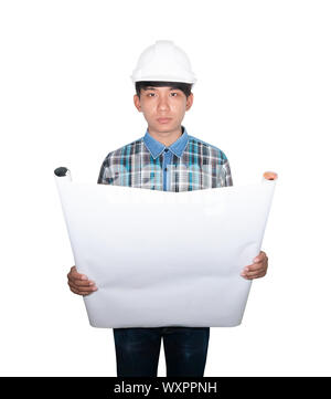 Engineer holding rolled blueprints inspect construction and wear white safety helmet plastic on white background Stock Photo