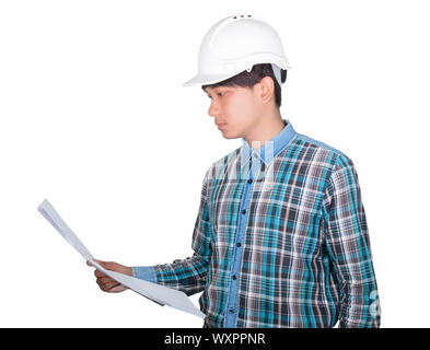 Engineer holding rolled blueprints inspect construction and wear white safety helmet plastic on white background Stock Photo