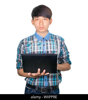 businessman handsome young using Laptop computer on white background Stock Photo