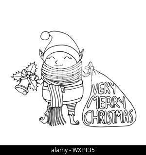 Black and white Cute funny cartoon character christmas elf with long scarf holding gift bag and handbell Stock Vector