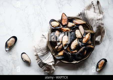 Top view with frozen mussels on white marble background Stock Photo