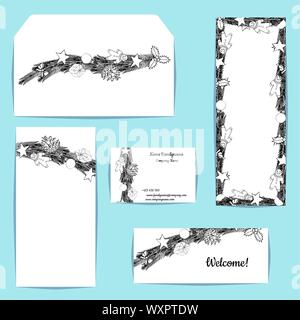 corporate style blank templates of cards, business card, banner, tag hand drawn christmas motif Stock Vector