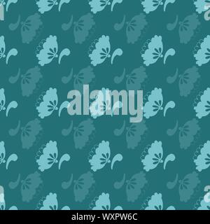 Geometric green vector repeat pattern with blue folk art flower and stripe. Summer floral pattern. Perfect for paper and textile projects. Stock Vector
