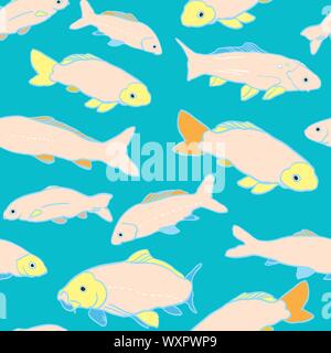 Wavy sealife goldfish koi seamless pattern. With carp fish in tones of pink and yellow. Modern, graphic, simple style. Perfect for restaurant menue, packaging design, aqua and sea lovers. Home decor and sationary. Stock Vector
