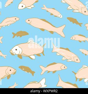 Wavy sealife goldfish koi seamless pattern. With carp fish in tones of beige and rose color. Modern, graphic, simple style. Perfect for restaurant menue, packaging design, aqua and sea lovers. Home decor and sationary. Stock Vector