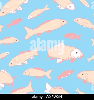 Wavy sealife goldfish koi seamless pattern. With carp fish in tones of pink and rose color. Modern, graphic, simple style. Perfect for restaurant menue, packaging design, aqua and sea lovers. Home decor and sationary. Stock Vector