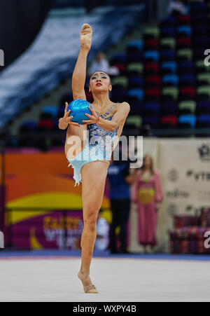 Baku, Azerbaijan. 17th Sep, 2019. Katherine Uchida of Canada during the 37th Rhythmic Gymnastics World Championships match between and Day 2 at the National Gymnastics Arena in Baku, Azerbaijan. Ulrik Pedersen/CSM/Alamy Live News Credit: Cal Sport Media/Alamy Live News Stock Photo