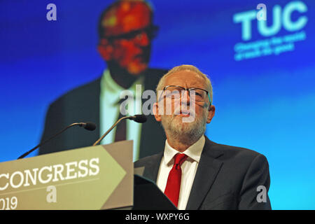 Brighton, United Kingdom - Jeremy Corbyn gives a speech at the TUC Congress Stock Photo