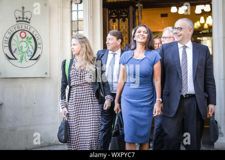 Westminster, London, UK, 17th Sep 2019. Gina Miller, the business woman who initiated the legal fight to prevent the government from suspending parliament before the Brexit deadline, leaves the Supreme Court in London after the first day of hearings, with a smile on her face. She has been joint in the case by former Prime Minister John Major, and shadow attorney general, Shami Chakrabarti (on behalf of the opposition). Credit: Imageplotter/Alamy Live News Stock Photo