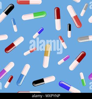 Colorful Pills Blisters Seamless Pattern on Blue Background Stock Vector