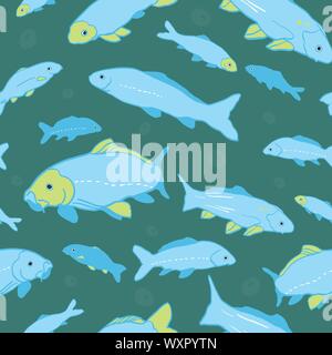 Wavy sealife goldfish koi seamless pattern. With air bubble and fish in tones of blue and green. Modern, graphic, simple style. Perfect for restaurant menue, packaging design, aqua and sea lovers. Home decor and sationary. Stock Vector