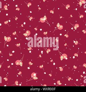 Elegant floral Christmas winter berry pattern with scattered twig, berry, dot, snowflake, red pink tones. Traditional all over print. Great for home decor, paper goods, stationary and fashion. vector. Stock Vector