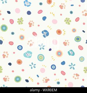 White vector repeat pattern with pastel ornamental florals and little paw print. Japan inspired pattern. Comic style. Perfect for paper and textile projects or events. Surface pattern design. Stock Vector