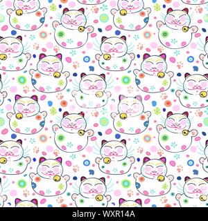 White vector repeat pattern with happy maneki neko cat and pastel ornamental florals. Japan inspired pattern. Comic style. Perfect for paper and textile projects or events. Surface pattern design. Stock Vector