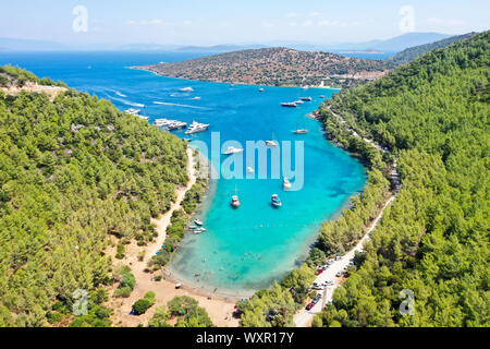 Paradise bay aerial drone view .Bodrum,TURKEY Stock Photo