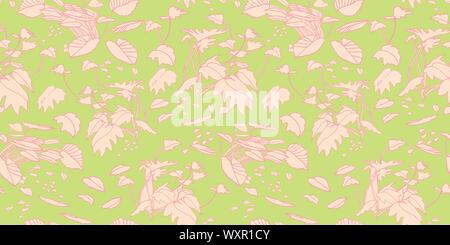 Modern exotic jungle leaf pattern. Scattered botanical leaf, line art doodle style, in pastel green an pink tones. Perfect for packaging design, home decor, fabric wallpaper and stationary. Stock Vector