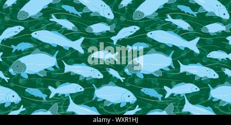 Wavy sealife goldfish koi seamless pattern. With seaweed, wave and fish in tones of blue and green. Modern, graphic, simple style. Perfect for restaurant menue, packaging design, aqua and sea lovers. Home decor and sationary. Stock Vector