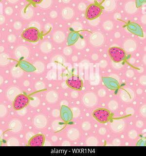 Pink vector repeat pattern with white soap bubble, dot and strawberry. Kawaii. Japanese comic style. Surface pattern design. Perfect for paper and textile projects. Bath products. Stock Vector