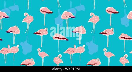 Exotic wildlife flamingo lagoon pattern for nature and bird lovers. Simple yet elegant hand drawn flamingo, in pastel tones on turquoise. Seamless vector summer design for fashion and stationary. Stock Vector