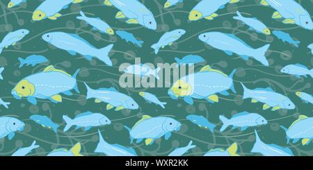 Wavy sealife goldfish koi seamless pattern. With seaweed, wave and fish in tones of blue and green. Modern, graphic, simple style. Perfect for restaurant menue, packaging design, aqua and sea lovers. Home decor and sationary. Stock Vector