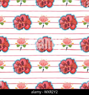 White vector repeat pattern with red geranium blossom, blue folk art florals and red stripe. Japan inspired pattern. Comic style. Perfect for paper and textile projects or events. Surface pattern design. Stock Vector