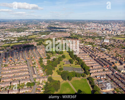 Aerial photo of the town known as Beeston in Leeds West Yorkshire UK, showing a rows of houses in a typical British housing estate taken with a drone Stock Photo