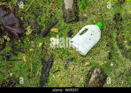 plastic, bottles, polystyrene and micro plastics in river water Stock Photo