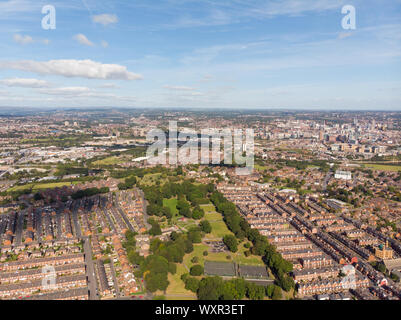 Aerial photo of the town known as Beeston in Leeds West Yorkshire UK, showing a rows of houses in a typical British housing estate taken with a drone Stock Photo