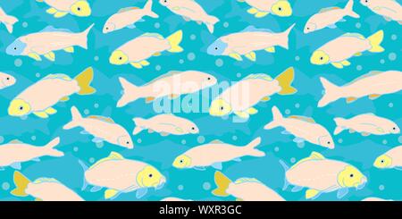 Wavy sealife goldfish koi seamless pattern. With carp fish in tones of pink and yellow. Modern, graphic, simple style. Perfect for restaurant menue, packaging design, aqua and sea lovers. Home decor and sationary. Stock Vector