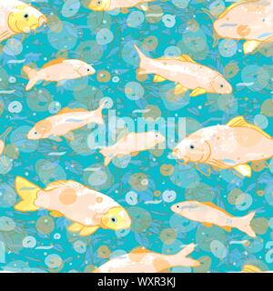 Wavy sealife goldfish koi seamless pattern. With waterplant, wave and fish in tones of blue and green. Modern, graphic, simple style. Perfect for restaurant menue, packaging design, aqua and sea lovers. Home decor and sationary. Stock Vector