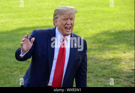 Washington, District of Columbia, USA. 16th Sep, 2019. United States President DONALD J. TRUMP speaks to the media as he prepares to depart the South Lawn of the White House in Washington, DC for a trip to the western US on Monday. He will return early Thursday morning Credit: Ron Sachs/CNP/ZUMA Wire/Alamy Live News Stock Photo