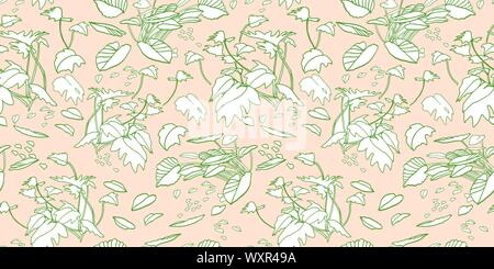 Modern exotic jungle leaf pattern. Scattered botanical leaf, line art doodle style, in pastel green an pink tones. Perfect for packaging design, home decor, fabric wallpaper and stationary. Stock Vector