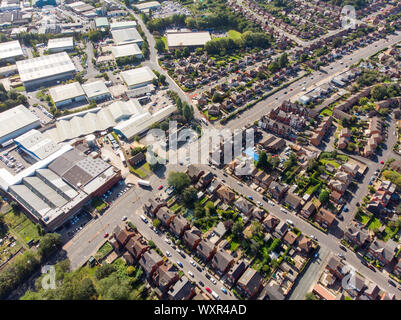 Aerial photo of the town known as Beeston in Leeds West Yorkshire UK, showing a rows of houses in a typical British housing estate taken with a drone Stock Photo