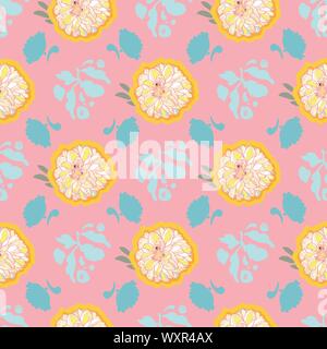 Pink vector repeat pattern with yellow dahlia flower and leaf. Summer floral pattern. Perfect for paper and textile projects. Stock Vector