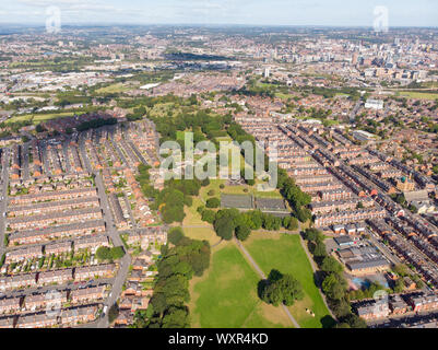 Aerial photo of the town known as Beeston in Leeds West Yorkshire UK, showing a rows of houses in a typical British housing estate taken with a drone Stock Photo