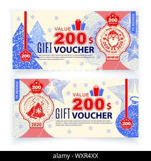Christmas Vector money banknotes illustration with portrait of Santa Claus. State currency. Back sides of money bills. Fake money. Two hundred dollars Stock Vector