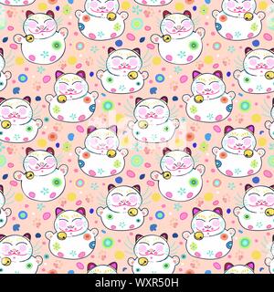 Pink vector repeat pattern with happy maneki neko cat and pastel ornamental florals. Japan inspired pattern. Comic style. Perfect for paper and textile projects or events. Surface pattern design. Stock Vector