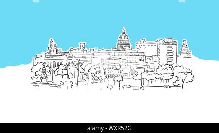 Havana Cuba Skyline Panorama Vector Sketch. Hand-drawn Illustration on blue background. Stock Vector