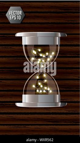 True transparent hourglass with glowing lights inside, isolated on wooden background. Simple and elegant hourglass timer. Clock icon 3d illustration Stock Vector