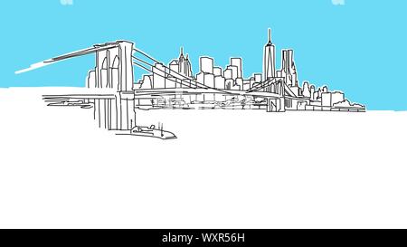 New York  Skyline Panorama Vector Sketch. Hand-drawn Illustration on blue background. Stock Vector