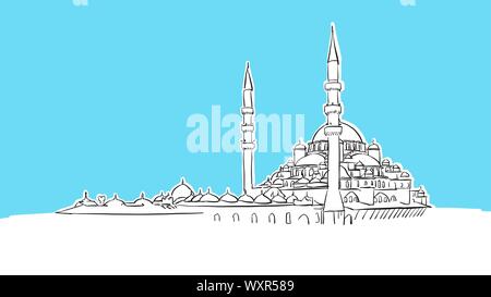 Istanbul Skyline Panorama Vector Sketch. Hand-drawn Illustration on blue background. Stock Vector