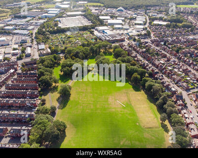 Aerial photo of the town known as Beeston in Leeds West Yorkshire UK, showing a rows of houses in a typical British housing estate taken with a drone Stock Photo