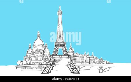 Paris France Skyline Panorama Vector Sketch. Hand-drawn Illustration on blue background. Stock Vector
