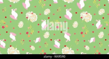 Green floral pattern with white rabbit, floral and pink dot. Surface pattern design. Stock Vector